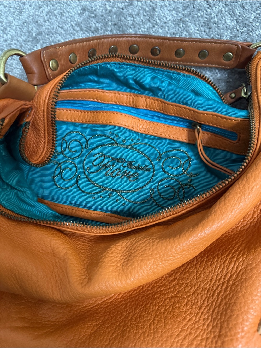 Orange Leather Shoulder Bag with Teal Lining